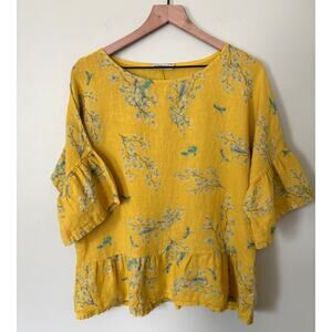 Italian Linen Floral Peplum Blouse Top Mustard Yellow Botanical Cottagecore